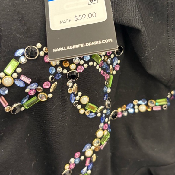 Karl Lagerfeld Rhinestone Bonjour Black T-Shirt - Picture 7 of 8